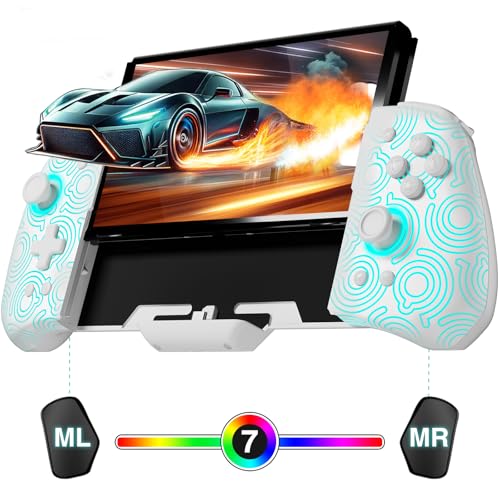 PALPOW Mando luminoso Switch – Compatible con Switch/OLED, diseño ergonómico, Joypad integrado, Turbo, Mapping, 7 colores LED – Blanco
