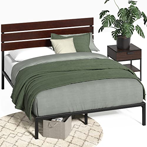 Zinus Figari Sommier de metal com cabeceira de bambu (160 x 200 cm, 31 cm de altura, cabeceira de cama com lamas, suporte para lâminas de aço, fácil de montar, preto e castanho