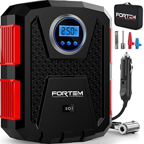 FORTEM Bomba de ar para automóveis, compressor de ar portátil de 12 V com motor elétrico de 120 W, ecrã digital LCD, luz LED de emergência, bico convencional e 3 adaptadores