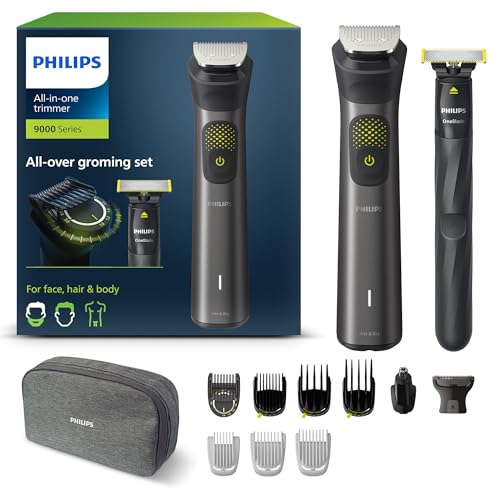 Philips Aparador de barba série 9000, máquina de cortar cabelo, corta-pelos para homem, kit 13 em 1 para rosto, cabelo, orelhas, nariz e corpo, 120 min de uso, seco e húmido, recarregável, OneBlade,