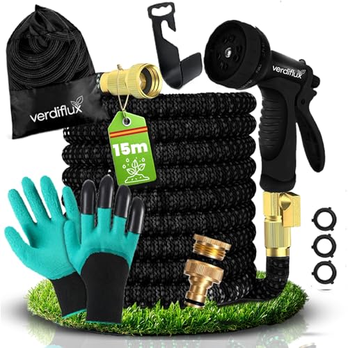 Mangueira de jardim de 15 metros com 10 funções de rega, mangueira extensível com conectores de 3/4" e 1/2", 2 luvas incluídas, mangueira de alta resistência leve e duradoura, cor preta verde