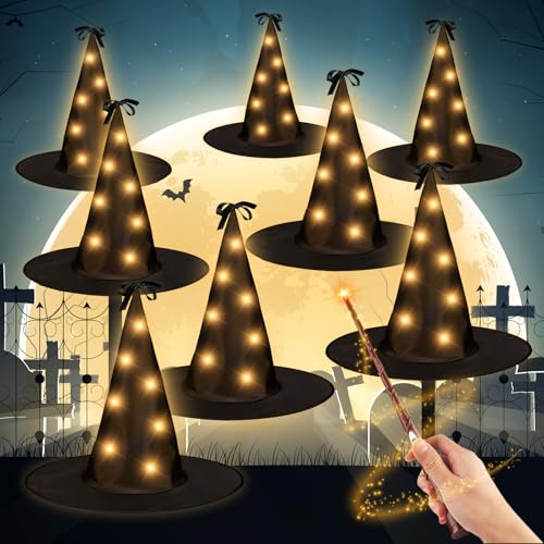 8 peças chapéu de bruxa brilhante para decoração de Halloween, controlo remoto da varinha mágica, candeeiro de suspensão de bruxa dobrável para Halloween interior exterior jardim varanda alpendre