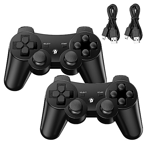 Diswoe Controlo PS3, 2 Pack comando sem fios para PS3, Wireless Bluetooth controlador de vibração dupla, Gyro Axis, comando recarregável PS3 Gamepad Joystick com 2 cabos de carregamento