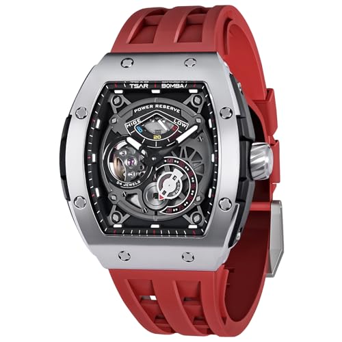 TSAR BOMBA Relógios automáticos para homem - relógio Tonel de luxo - indicador de armazenamento de energia - cristal safira - 50 m impermeável - correia de borracha fluoro