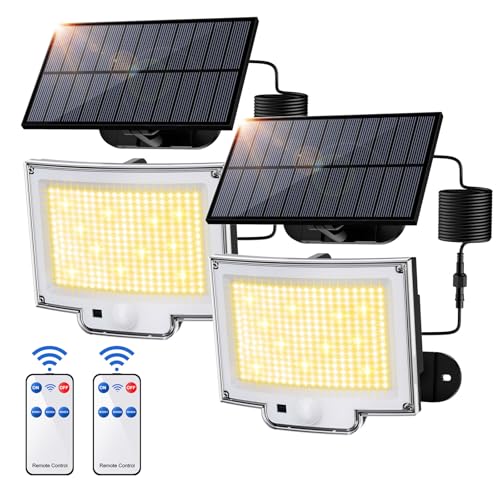 SIGRILL 318 LED Focos solares exteriores com sensor de movimento, 2200 mAh luz solar com 3 modos, IP65 candeeiro solar para jardim (2 embalagens - 318 LED branco quente)