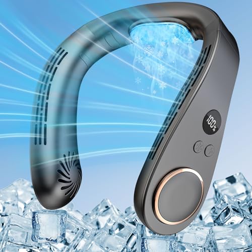Kouric Ventoinha de pescoço com ar condicionado, ar condicionado pescoço ecrã LED, Neck Fan USB recarregável 5 velocidades, 3 níveis de refrigeração, ventilador portátil pequeno - preto
