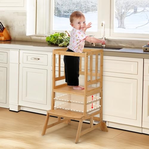 COSYLAND Torre de aprendizagem Montessori de bambu natural, torre de aprendizagem barra de bebé com altura regulável, banco seguro para crianças, torre Montessori com FSC para crianças