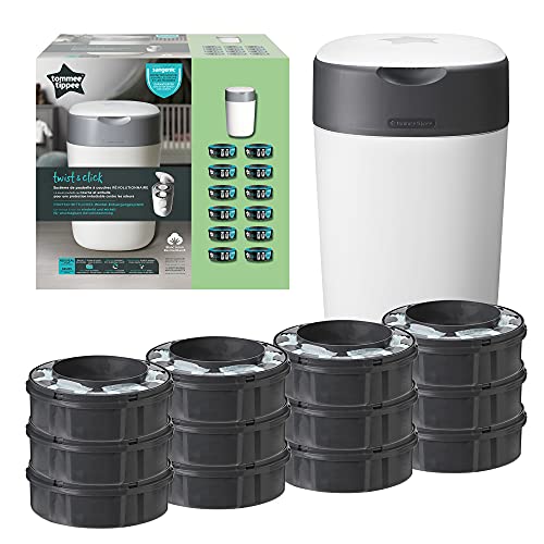 O recipiente para fraldas Twist & Click da Tommee Tippee, sistema mais ecológico, inclui uma peça sobresselente com folha antibacteriana GREENFILM de fontes sustentáveis, branco