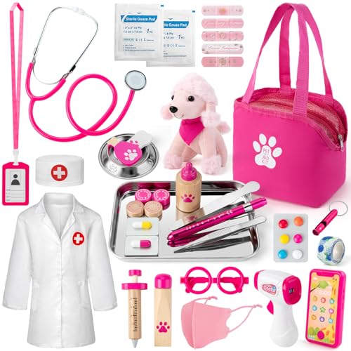 EFO SHM Mala de brincar médico, mala veterinária brinquedos com cães, estetoscópio real, termómetro, mala de médico portátil, kit médico infantil brinquedos presente para meninas meninos 3 anos