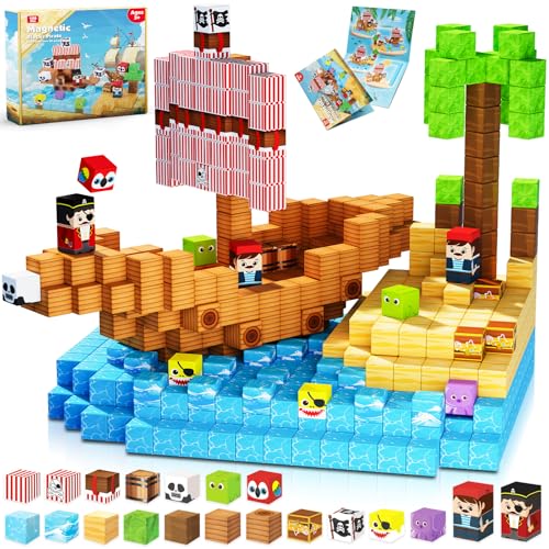 ToyUnited Blocos magnéticos: conjunto de 100 peças de construção de barco pirata – cubo de construção magnético empilhável, brinquedos sensoriais STEM Montessori para meninos e meninas de 3, 4, 5, 6