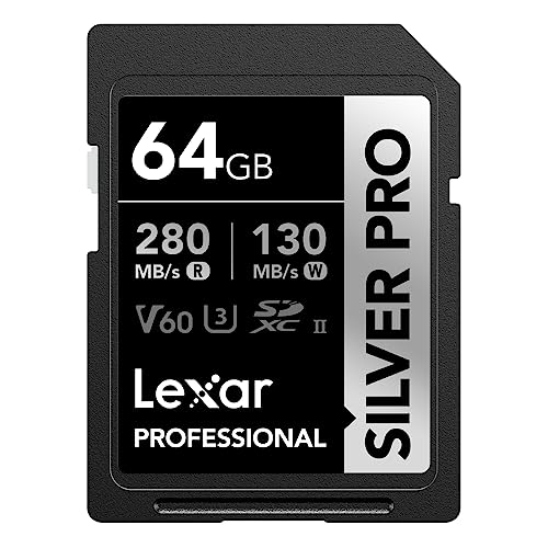 Lexar SILVER PRO Cartão SD de 64 GB, cartão de memória SD UHS-II, V60, U3, C10, leitura de até 280 MB/s, escrita de 130 MB/s, cartão SDXC para DSLR/câmara/fotógrafo/videógrafo (LSDSIPR064G-BNAA)