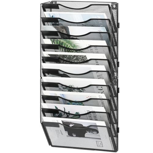 Solinxe Suporte suspenso de parede para arquivos, organizador de armazenamento de papel com 10 bolsos, organizador de correio montado na parede, suporte de papel de metal com armazenamento para
