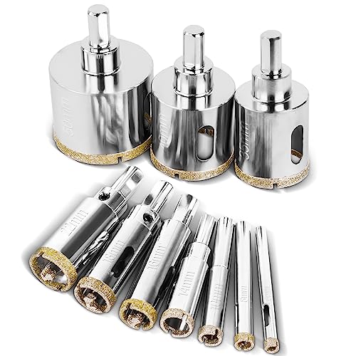 Flintronic 10 peças broca de diamante, cristal broca serra com broca central piloto, broca oca serra de perfuração, para vidro/cerâmica/mármore/pedra/calcário (6/8/10/14/18/18/22/35/40/50 mm)