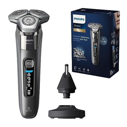 Philips Série 8000 máquina de barbear elétrica para homem, máquina de barbear com aparador, 72 lâminas, 50 min de uso, seco e húmido, recarregável, base de carregamento, nariz, S8697/23, cinzento