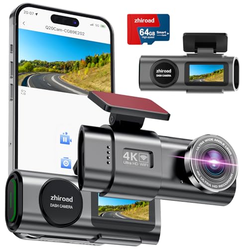 Dash CAM carro, 4K Dashcam com cartão 64G, câmara de vigilância carro destacável, gravador de câmara, super visão, Wi-Fi e App, grande 170°, G-Sensores, monitor de estacionamento, gravação em loop