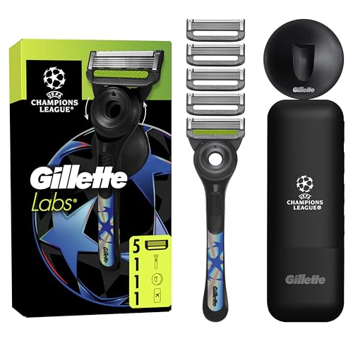 Gillette Labs UEFA Champions League Special Edition máquina de barbear para homem com barra esfoliante, 1 pega 5 peças, inclui 1 estojo de viagem e 1 cabide de parede