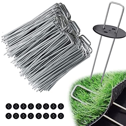 Ediesi, Grampos relva artificial, malha anti-ervas para jardim, 100 unidades. + 16 Arruelas, estaca, pregos de aço inoxidável galvanizados, fixação etiquetas para campismo (100 unidades)