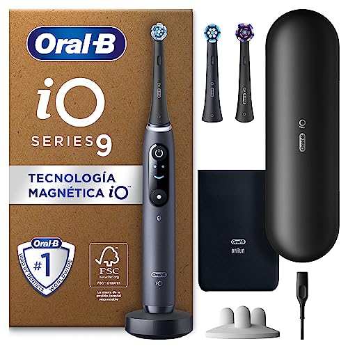 Oral-B iO 9 Escova de dentes elétrica com cabo recarregável, 3 cabeças e estojo de viagem com carregador, desenhado por Braun - preto