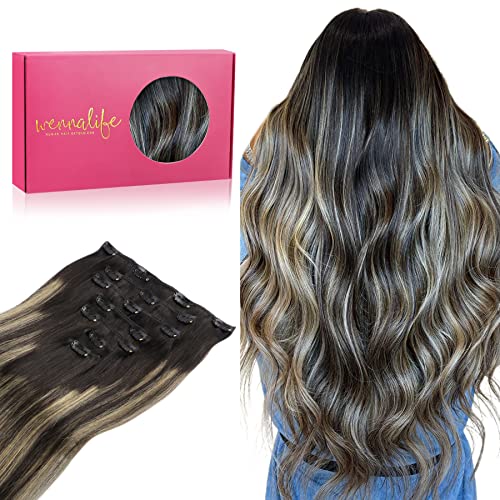 WENNALIFE Grampo de cabelo natural, 40 cm 120 g, 7 peças, Balayage preto natural a loiro claro extensões de cabelo Remy extensões de cabelo postiços mulher
