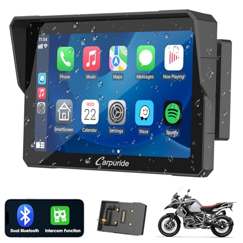 Carpuride W702B Pro Motocicleta Carplay ecrã com suporte para BMW Moto, sem fios CarPlay e Android Auto, 7" ecrã tátil impermeável, Bluetooth duplo, função de intercomunicador, navegação.