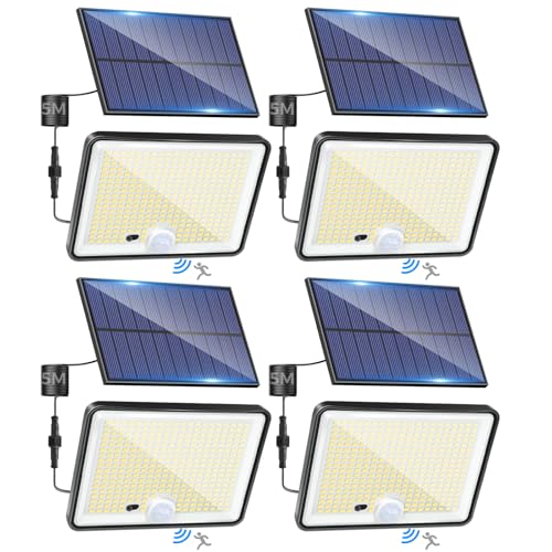 LOTMOS 4 pacotes luz solar exterior jardim, 342 LED/comando à distância holofotes LED exteriores solares sensor de movimento, IP65 candeeiro solar impermeável, 3 modos luzes solares LED jardim