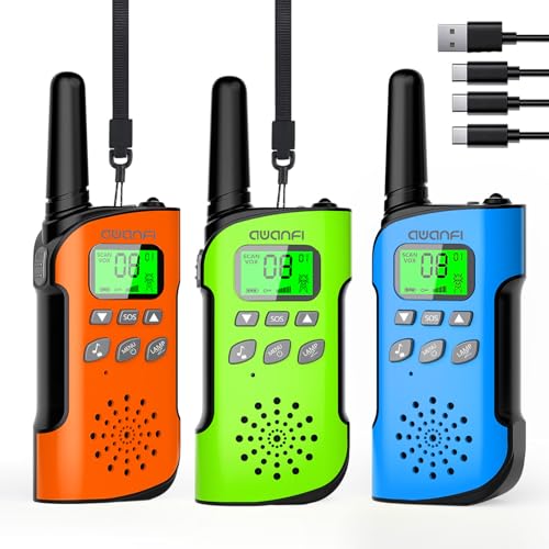 AWANFI Walkie Talkie para crianças, 3 peças, Walkie Talkie recarregável com bateria de iões de lítio, 3 KM de longo alcance, walkie-talkies para acampar aventuras, presentes para crianças de 3 a 12