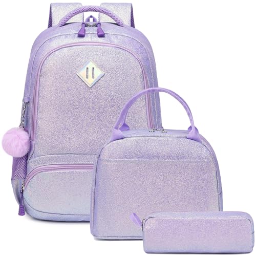 Kimwadalh Mochila menina escolar mochila menina primária mochila infantil arco-íris mochila escola menina mochilas escolares multicor mochila Glitter para meninas, Purpurina roxa, Mochilas escolares