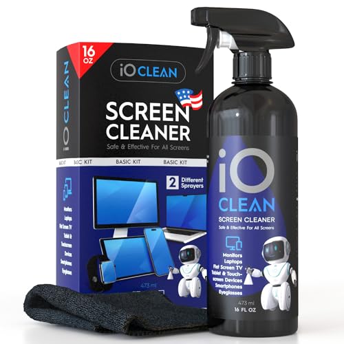 iO Clean Spray Limpador de ecrã (16 oz - 473 ml), o melhor kit de limpeza grande para TV LCD LED OLED, telefone inteligente, iPad, computador portátil, ecrã tátil, monitor de computador