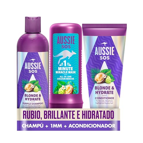 Aussie PACK ESPECIAL: SOS Blonde & Hydrate champô roxo 300 ml Aussie SOS Blonde & Hydrate condicionador 200 ml Aussie SOS 1 Minute Miracle All In One Colour Rescue máscara 250 ml