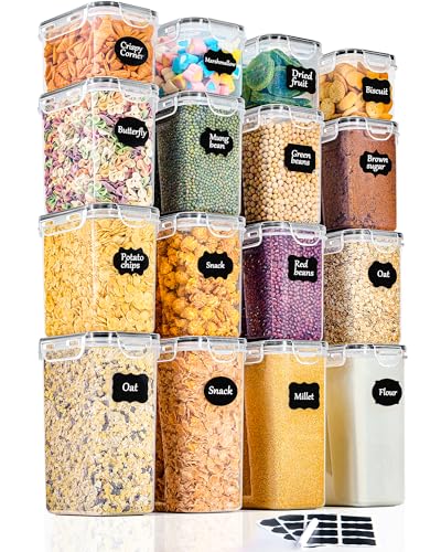 GoMaihe Barcos de cozinha, conjunto de 16 peças de recipiente de latas cozinha armazenamento de plástico de alimentos selados com tampa, usado para armazenar cereais arroz, farinha, etc