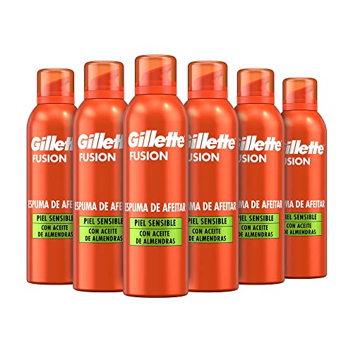 Gillette Fusion espuma de barbear com óleo de amêndoa, para pele sensível para máquina de barbear, 250 ml x 6