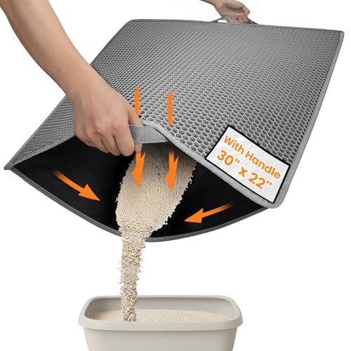 Conlun Tapete gatos areia com alças, design de camada dupla em forma de favo para controlo de espalhamento, tapete areia gato (cinzento, 76 x 54,5 cm)