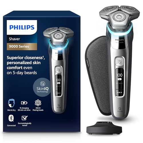 Philips Série 9000 máquina de barbear elétrica para homem, máquina de barbear com aparador, 72 lâminas, para pele sensível, 60 min de uso, seco e húmido, recarregável, base de carregamento, S9975/35,