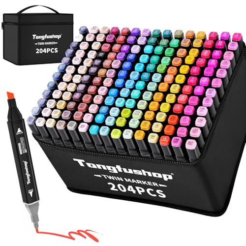 Tongfushop Marcador de 204 cores, marcadores de álcool 2S secagem rápida, marcadores permanentes de ponta dupla com saco de armazenamento e espaçador para esboços, banda desenhada, coloração,