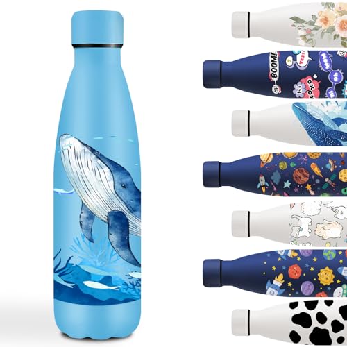 Garrafa de água de aço inoxidável 500 ml, cantil de aço inoxidável, fácil de transportar, garrafa de água personalizada, à prova de fugas, cantil infantil para a escola, viajar, azul - baleia