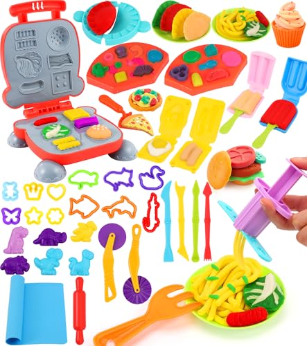 Ophy Conjunto de plasticina - 48 peças moldes plasticina ferramentas de plástico para crianças incluem hambúrgueres, gelados, macarrão e pizza plasticina para crianças acessórios de argila de