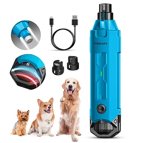 Gimars Lima de unhas elétrica para cães, ajustável 6 velocidades cortador de unhas elétrico, corta-unhas elétrico para cães com luz LED, recarregável lima de unhas de 3 portas para cães azul