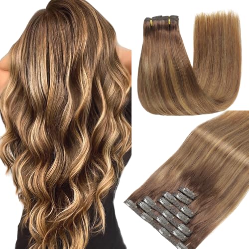GUDOZO Clipe de cabelo natural Extensões 7 peças, 60 cm, 120 g castanho chocolate com loiro caramelo escuro extensões de cabelo natural grampo de cabelo natural (24 polegadas, 4/4/27 #)