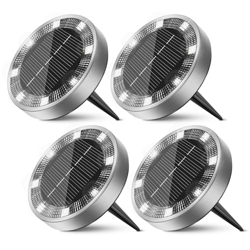 Peasur 4 Pacotes de luzes solares LED para exteriores, jardim, chão, 8 LED luz solar exterior e jardim, IP65 luzes solares impermeáveis para pátio, caminho, relva, branco frio