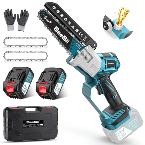 SEESII Motosserra bateria de 6 polegadas, mini serra sem escovas com 2 * 4000 mAh, lubrificação automática, ideal para exteriores e jardinagem