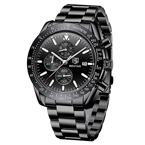 BY BENYAR - Reloj de Hombre, cronógrafo para Hombre, Movimiento de Cuarzo, Correa de Piel, Reloj Deportivo de Negocios, de Moda, 30 m, Resistente al Agua, antiarañazos, Regalo Elegante