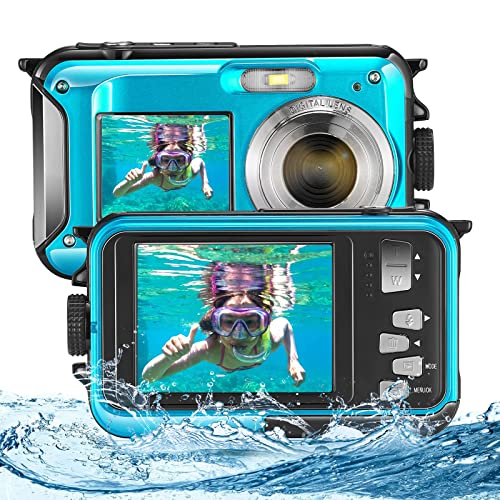 Câmara digital à prova de água, Aomdom Full HD 2,7 K 48 MP submersível Zoom digital 16 X aquático crianças telas duplas anti-vibração para mergulhar com snorkel