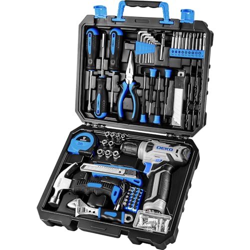 DEKO Caixa de ferramentas completa com chave de fenda elétrica/broca com bateria de 8 V, mala de 126 peças, caixa profissional de ferramentas domésticas de bricolage para escritórios e jardim, azul
