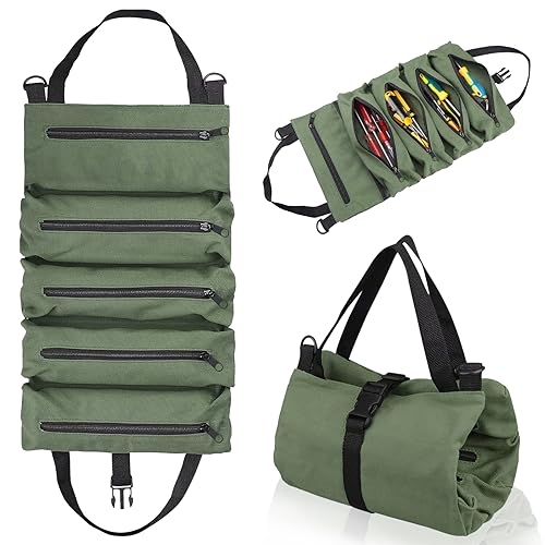 Waldspring Oxford 600D Bolsa de rolo de ferramentas em tecido, organizador versátil com 5 bolsos para profissionais de eletricidade, carpintaria, canalização e automóvel, verde