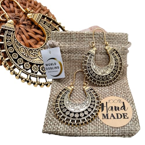 Pendientes Árabe Dorados Estilo Bohemio Vintage Chapados en Oro 14K | Aretes Diseño Geométrico Hueco, Occidental Vintage | Joyería Artesanal Hecha en Córdoba-España (Estilo Arabe Dorado)