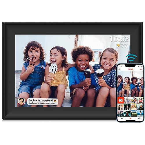 Moldura para fotos digital, Wi-Fi de 10,1 polegadas, rotação automática, memória integrada de 32 GB, ecrã táctil de 1280 x 800, partilhe momentos instantaneamente através da aplicação Frameo
