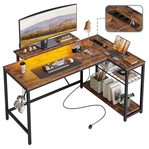 Bestier Mesa em L de 132 cm, com tomadas de energia e luzes LED, secretária de canto reversível com prateleiras, ideal para escritório em casa, jogos e estúdio, castanho vintage, 132 x 80 cm)