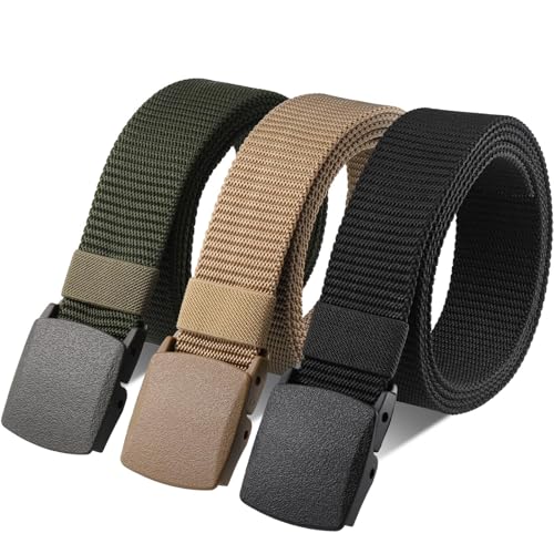 Huiguli Cintos para homem, 3 peças, cinto tático de nylon com fivela de plástico, 150 cm cinto cavado sem furos para homem