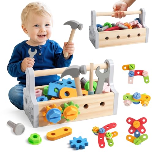 Petfu Caixa de ferramentas de madeira educativa para crianças de 2 3 4 anos brinquedos Montessori para bricolage construção e artesanato presente ideal para aniversários de meninos e meninas