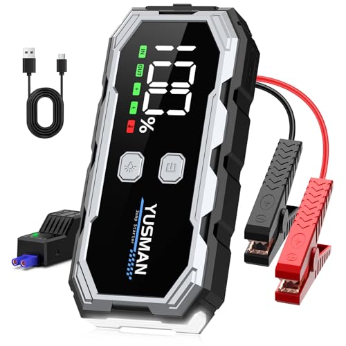 YUSMAN Iniciador de baterias de carros, 4500A 12 V para 7 L de gasolina ou 5 L de gasolina, iniciador de carro portátil com ecrã LCD, Jump Starter com 3 modos LED, carregamento rápido